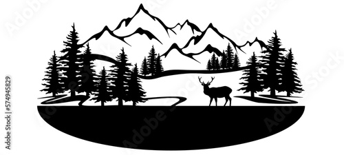 Black silhouette of mountains, fir trees and wild deer, landscape panorama illustration icon vector for forest wildlife adventure camping logo, isolated on white background