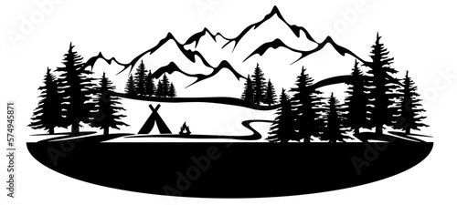 Black silhouette of mountains and forest fir trees tent campfire camping landscape panorama illustration icon vector for logo, isolated on white background