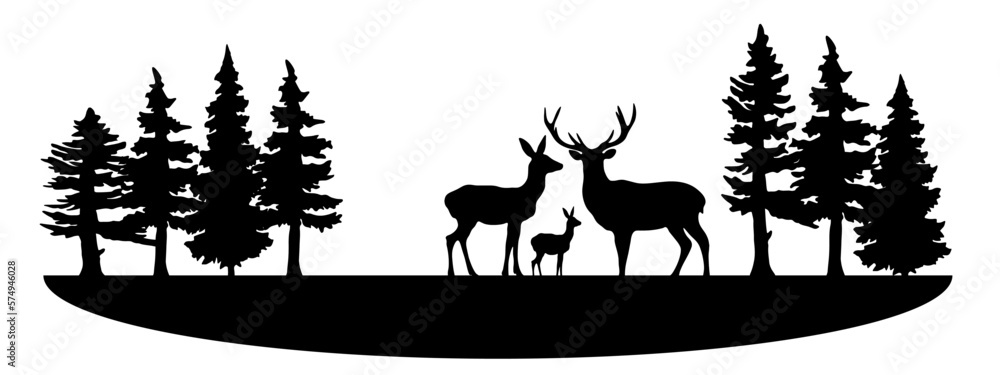 Black silhouette of fir trees and wild deer, landscape panorama illustration icon vector for forest wildlife adventure camping logo, isolated on white background
