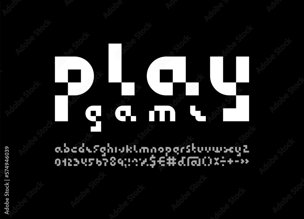Pixel font, trendy alphabet, white letters and numbers and punctuation marks, vector illustration 10eps