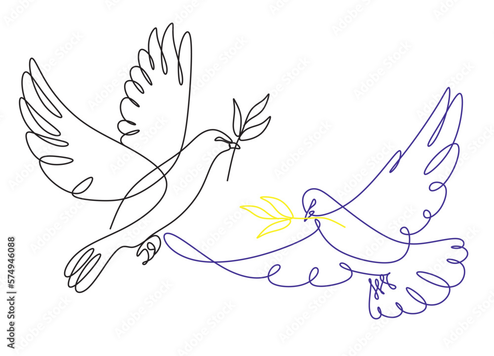 One continuous line drawing of dove with olive branch. Bird symbol of ...