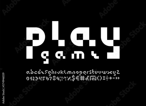 Pixel font, trendy alphabet, white letters and numbers and punctuation marks, vector illustration 10eps