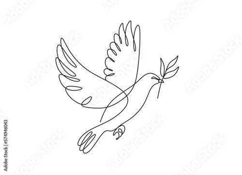 One continuous line drawing of dove with olive branch. Bird symbol of peace and freedom in simple linear style. Concept for national labor movement icon. Editable stroke. Doodle vector illustration
