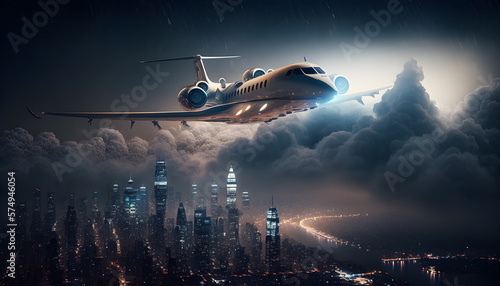 private jet is flying above the clouds create with generative ai technology