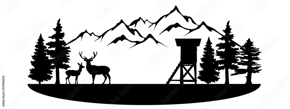 Fototapeta premium Wildlife forest landscape hunt hobby leisure background banner illustration vector for logo - Black silhouette of hunter perch stand, deer, mountains and forest trees fir, isolated on white background