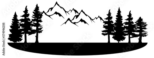 Black silhouette of mountains and fir trees landscape panorama illustration icon vector for forest wildlife adventure camping logo, isolated on white background