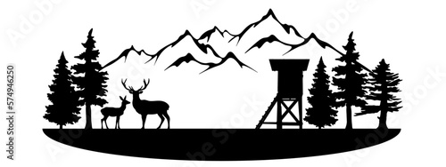 Wildlife forest landscape hunt hobby leisure background banner illustration vector for logo - Black silhouette of hunter perch stand, deer, mountains and forest trees fir, isolated on white background