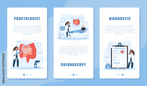 Proctology banner set. Intestine exam and treatment. Female proctologist make diagnosis and choose therapy. Colonoscopy concept. Vector illustration in flat cartoon style. Prevention of cancer.