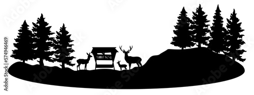 Black silhouette of wild animals, deer and roe deer at feeding station in the forest with fir and spruce trees landscape panorama illustration icon vector for logo, isolated on white background