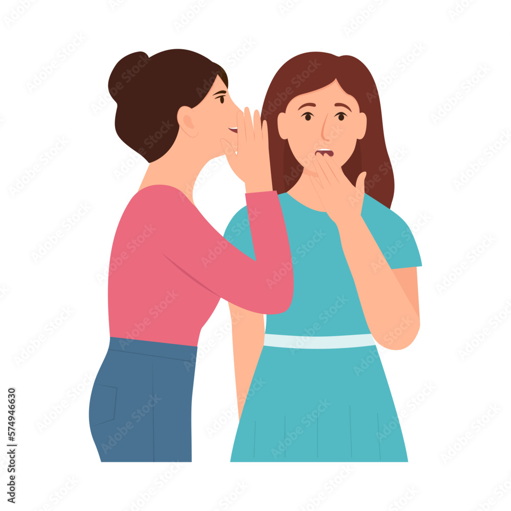 Women gossiping, whispering in ear, slandering, spreading secrets. Woman surprised when her friend talks whispering in her ear. Flat vector illustration isolated on white background Women gossiping, whispering in ear, slandering, spreading secrets. Woman surprised when her friend talks whispering in her ear. Flat vector illustration isolated on white background