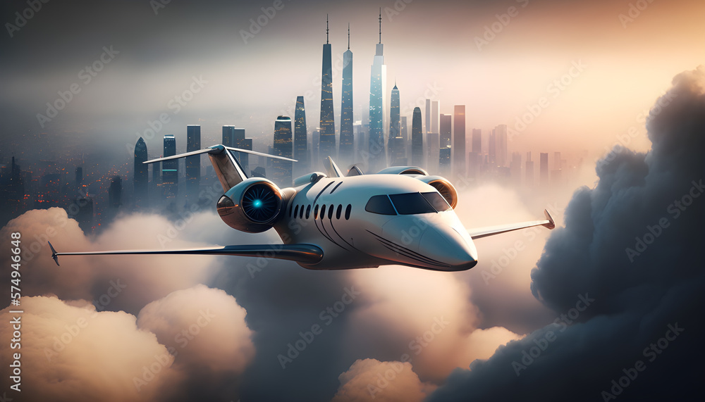 Fototapeta premium private jet is flying above the clouds create with generative ai technology