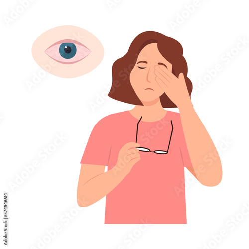 Woman suffers from sore eyes. Inflammation and sharp pain in eyes.  Redness eyes. Conjunctivitis, infection and allergies symptom. Vector illustration.