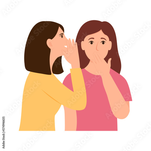 Women gossiping, whispering in ear, slandering, spreading secrets. Flat vector illustration isolated on white background