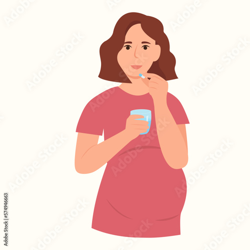 A pregnant woman takes a pill.Girl holding glass of water in hands.Medicine, vitamins, supplements.Healthy nutrition.Flat vector illustration