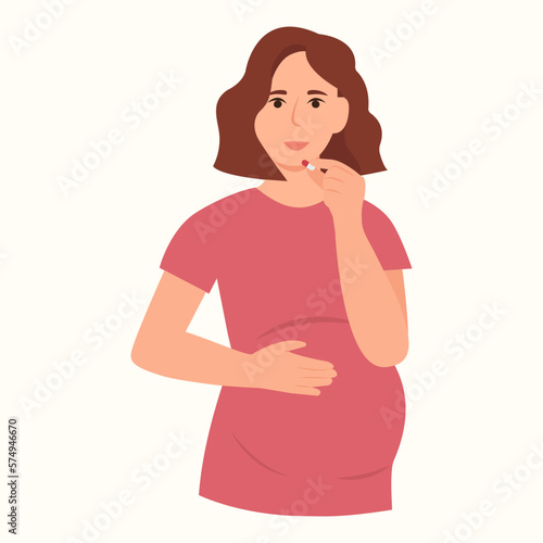  Pregnant woman takes a pill.Medicine, vitamins, supplements.Healthy nutrition.Flat vector illustration
