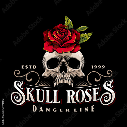 skull and red rose flower vintage logo 
