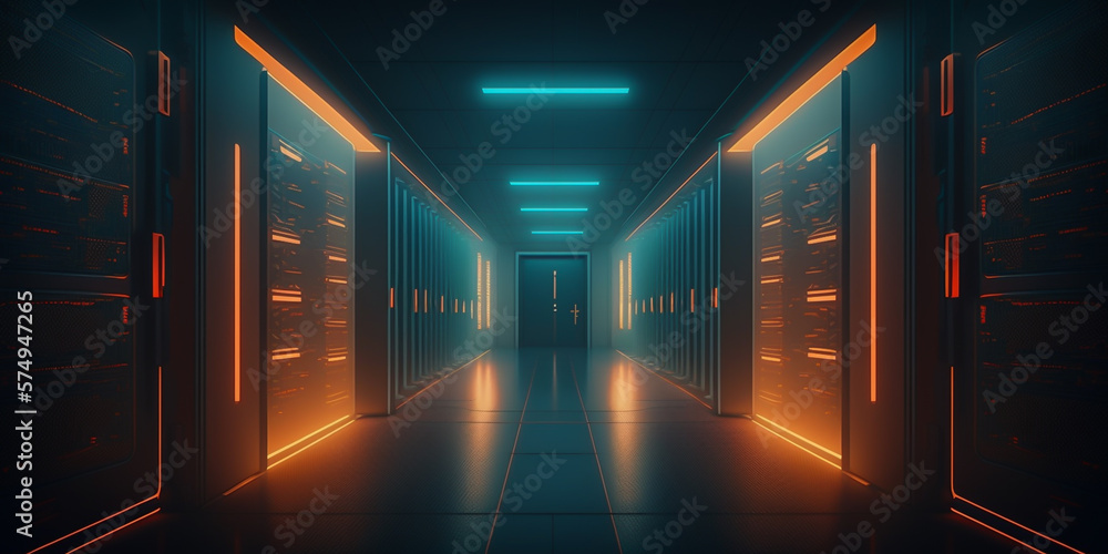A vibrant image of a modern data center reveals an array of powerful servers and supercomputers, connected by high-speed cables. Technology for storage, processing of large amount data. generative ai