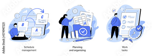 Schedule planning illustration set. Characters making calendar appointments and to do list. Characters planning work tasks, filling check list. Business and organization concept for marketing design.