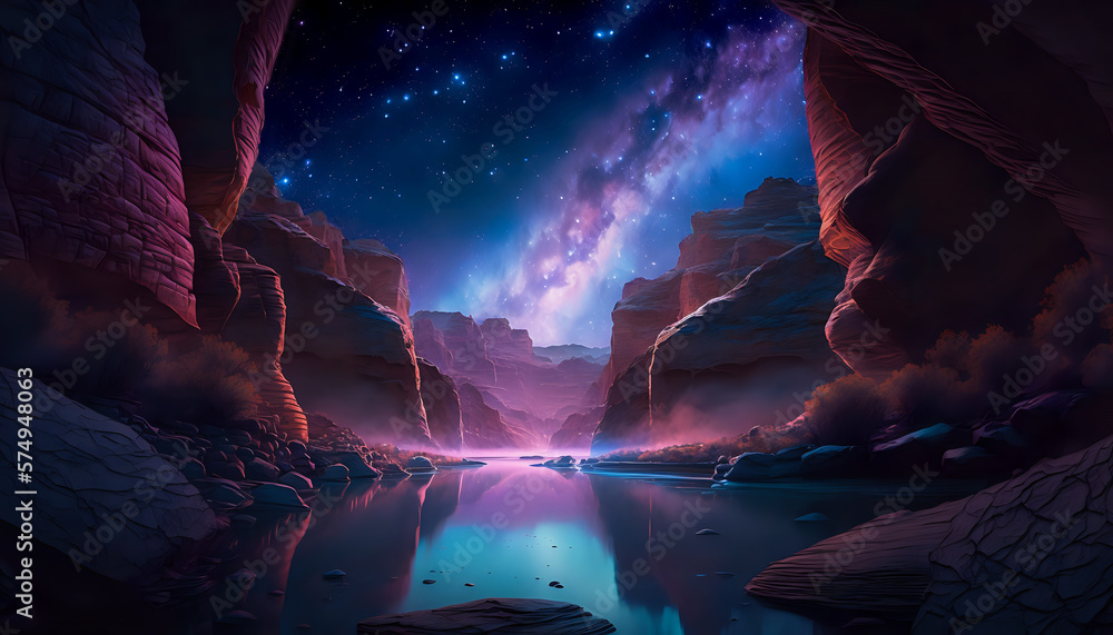 Milky way above the river flowing at the bottom of a canyon or gorge. Generative AI Milky way above the river flowing at the bottom of a canyon or gorge. Generative AI