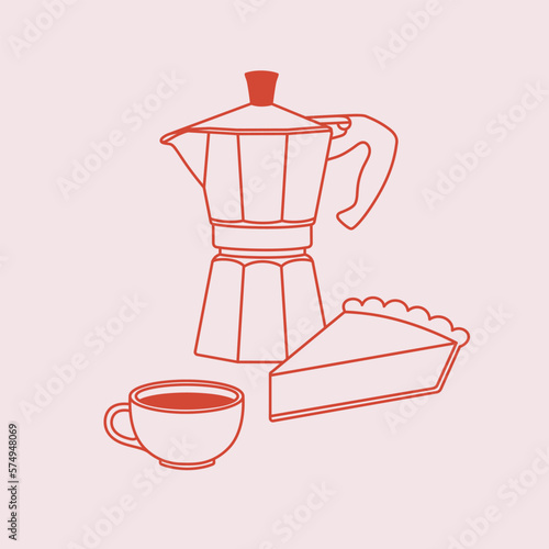 The hand-drawn moka pot, coffee cup, and piece of the pie. Line art, retro style. Vector illustration for coffee shops, cafes, and restaurants.