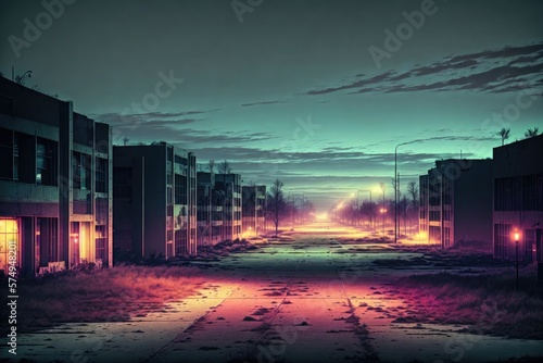 a scary nightview of an post zombie apocalyptic university campus enterence by Generative AI photo