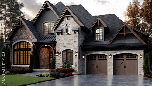illustration of a beautiful luxury house with two garages, generative AI