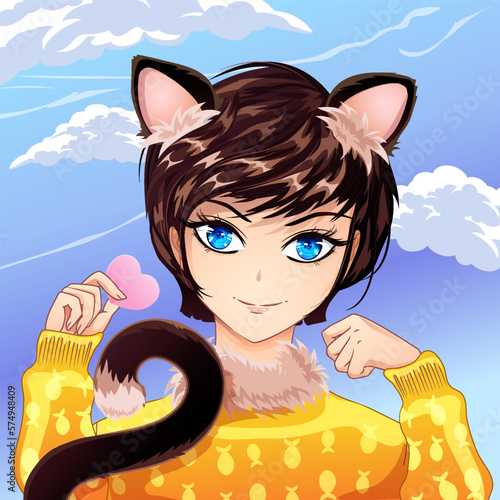 Cute portrait of a girl with cat ears and tail. Cat girl is holding a valentine.
