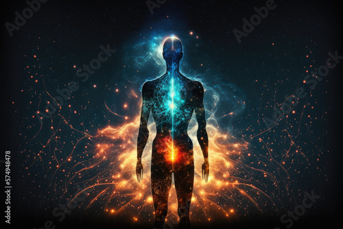 Astral body silhouette with abstract space background. Esoteric, spiritual life and meditation concept. Afterlife and connection with other worlds. Generative AI.