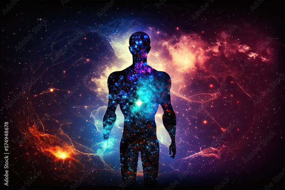 Astral body silhouette with abstract space background. Esoteric, spiritual life and meditation concept. Afterlife and connection with other worlds. Generative AI. Astral body silhouette with abstract space background. Esoteric, spiritual life and meditation concept. Afterlife and connection with other worlds. Generative AI.