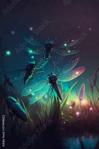 A group of dragonflies, night, fireflies. Generative AI © Oleksandr