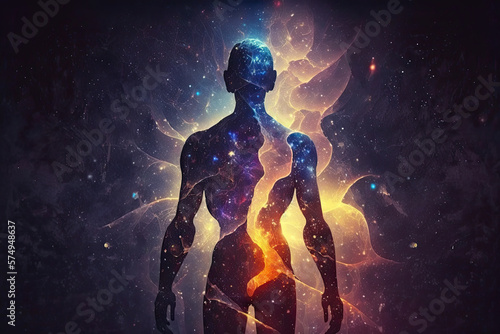 Astral body silhouette with abstract space background. Esoteric  spiritual life and meditation concept. Afterlife and connection with other worlds. Generative AI.