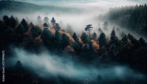 Mystical Fog: Aerial View of a Foggy Forest Landscape © neuralcanvas