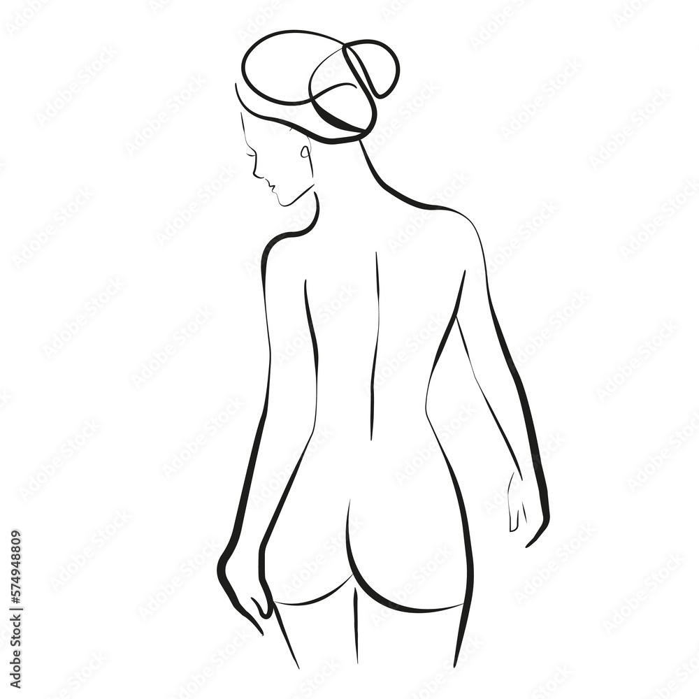 Fototapeta premium Trendy Line Art Drawing of Woman Body. Female Figure Nude Back Line Art Vector Illustration for Wall Decor, Spa, T-shirt, Print, Poster. Female Naked Back Creative Drawing in Modern Linear Style