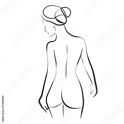 Trendy Line Art Drawing of Woman Body. Female Figure Nude Back Line Art Vector Illustration for Wall Decor, Spa, T-shirt, Print, Poster. Female Naked Back Creative Drawing in Modern Linear Style