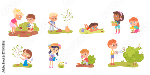 Kids care for green plants  flowers and trees in garden set  boy and girl grow seedlings