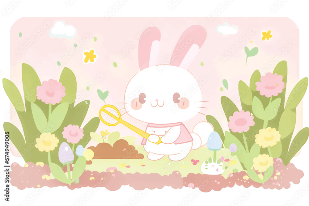 Hop into Fun with this Adorable Vector Rabbit Illustration! Surrounded by Lush Greenery, Trees, and Blooming Flowers, Perfect for Children's Books, Nature-Themed Designs, and Springtime Projects Hop into Fun with this Adorable Vector Rabbit Illustration! Surrounded by Lush Greenery, Trees, and Blooming Flowers, Perfect for Children's Books, Nature-Themed Designs, and Springtime Projects