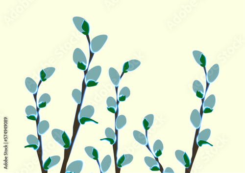 Vector isolated illustration of willow twigs. Greeting Easter card. Palm Sunday holiday.