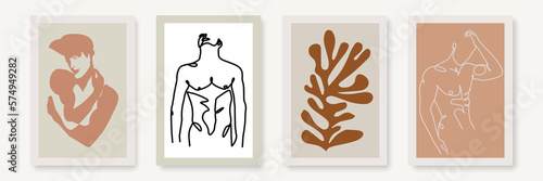 Abstract Poster Set with Man Body and leaves Line Art Drawing. Nude Male Figure Abstract Trendy Illustration. Man Body Minimalist Modern Drawing Set for Wall Decor. Vector EPS 10