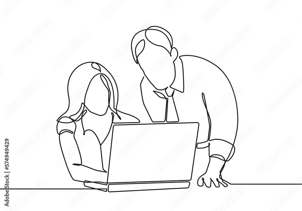 Business Concept Line Drawing Style. Woman and Man Working Together in Office Abstract Line Art Drawing in Modern Trendy Style. Vector Drawing for Business Design, Landing Page, Poster, Banner. Business Concept Line Drawing Style. Woman and Man Working Together in Office Abstract Line Art Drawing in Modern Trendy Style. Vector Drawing for Business Design, Landing Page, Poster, Banner.