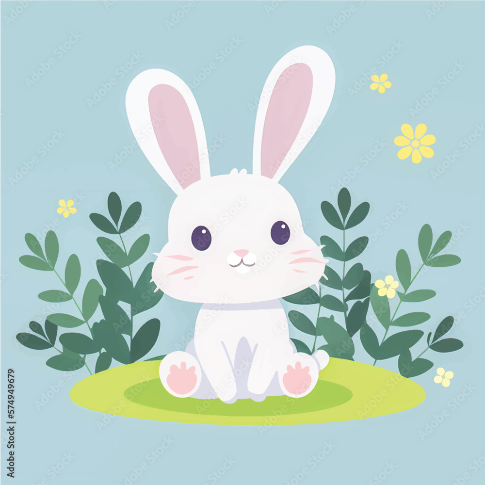 Hop into Fun with this Adorable Vector Rabbit Illustration! Surrounded by Lush Greenery, Trees, and Blooming Flowers, Perfect for Children's Books, Nature-Themed Designs, and Springtime Projects Hop into Fun with this Adorable Vector Rabbit Illustration! Surrounded by Lush Greenery, Trees, and Blooming Flowers, Perfect for Children's Books, Nature-Themed Designs, and Springtime Projects