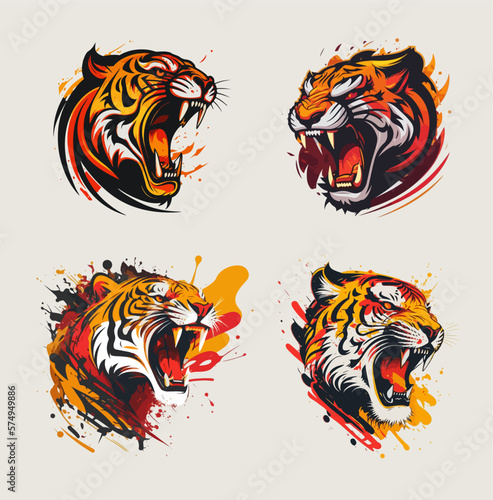 Set of fierce tiger heads with wide open roaring mouth
