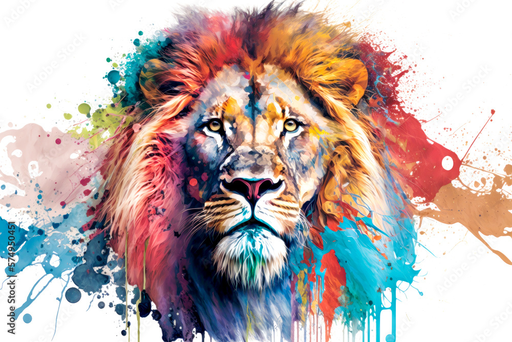 Lion head on colorful splashes background. art painting.