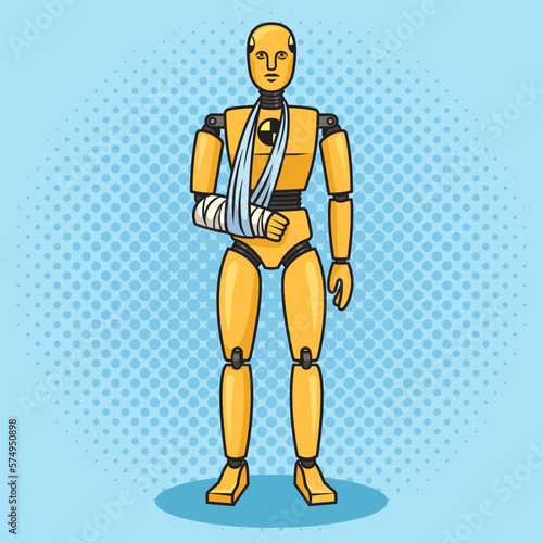 Crash test dummy with broken hand pop art retro vector illustration. Comic book style imitation.