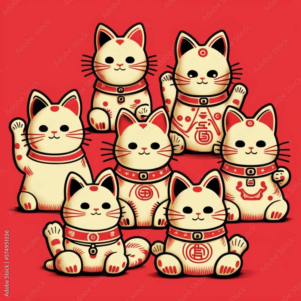 Obraz premium Many Maneki nekos on a red background. Generative AI.
