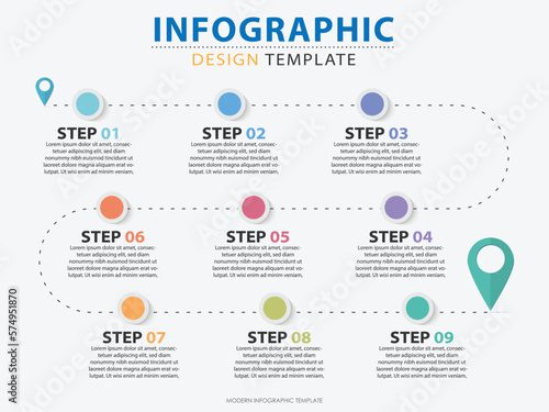 Infographic design template. Timeline concept with 9 options or steps template. layout, diagram, annual, pin location, start up, report, presentation. Vector illustration.