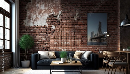 modern, contemporary, beautiful living room with natural brick walls for a contemporary atmosphere