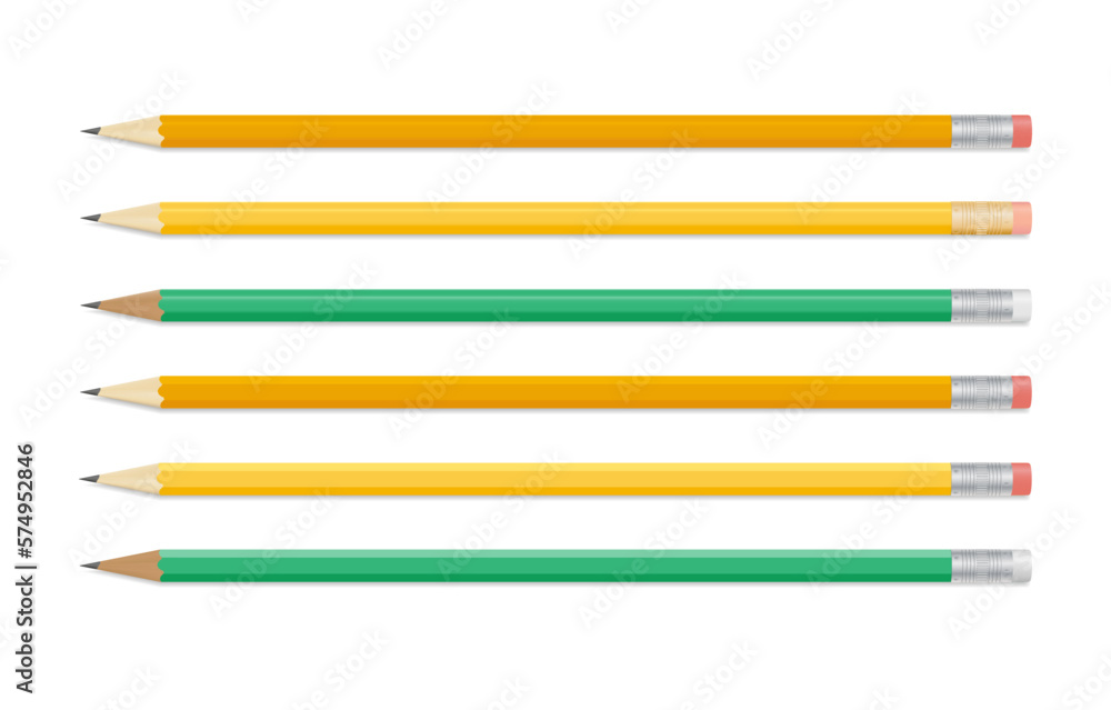 A set of simple pencils with an eraser. Green, yellow, orange. Isolated on a white background. A set of simple pencils with an eraser. Green, yellow, orange. Isolated on a white background.