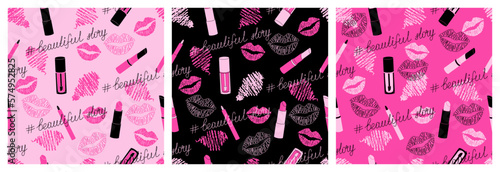 Make up seamless pattern with lipstick, lip pencil, smeared lipstick  strokes, kisses, and lettering  # beautiful story. Each pattern is isolated. Cute vector print for cover, textile, wrapping paper.