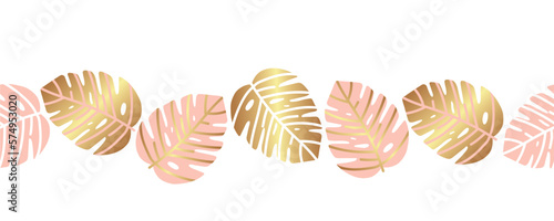 Seamless banner with monstera leaves in pastel colors. Summer tropical style. Boho foliage botanical tropical leaves pattern design.