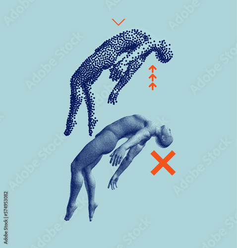 Astral travel out of body or reincarnation spiritual concept. Take me higher. Flying man in zero gravity or a fall. Hovering in the air. Levitation act in сoarse and fine style. 3D illustration.